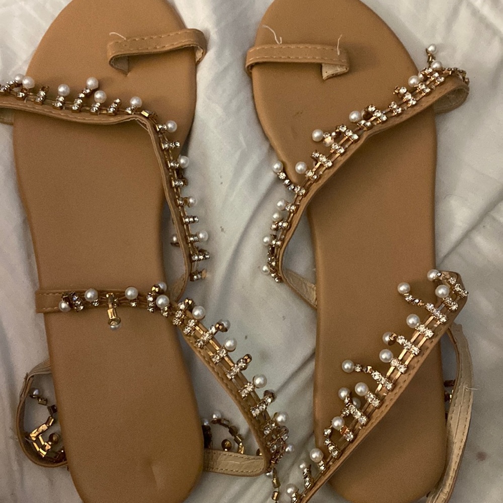 strappy sandals with beading on crossover straps